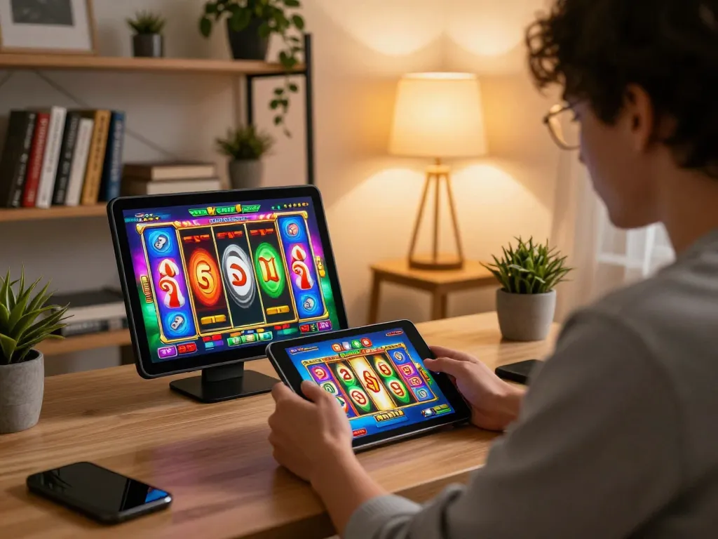 Player engaged in a situs slot gacor game on tablet at home, showcasing strategic approach to online gambling.