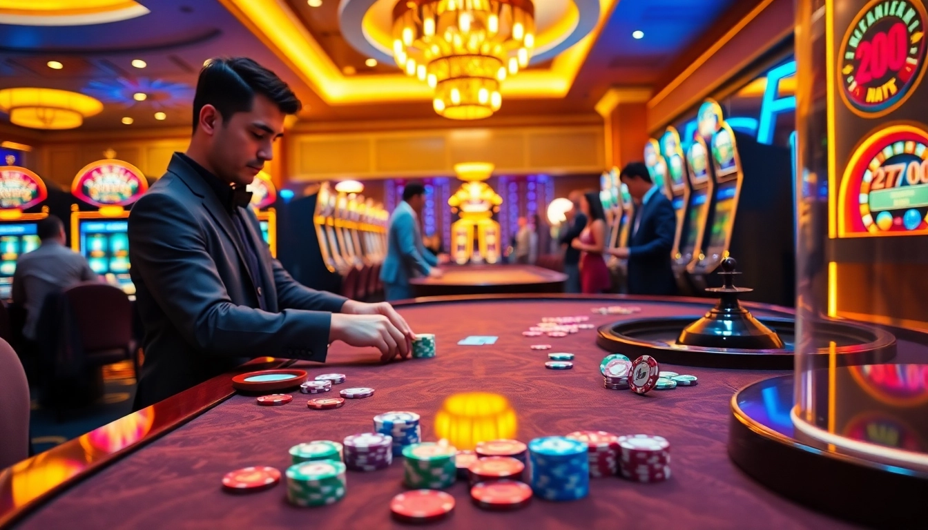 Players engaging in thrilling casino action at S8's luxurious gaming table, surrounded by vibrant chips and glowing lights.
