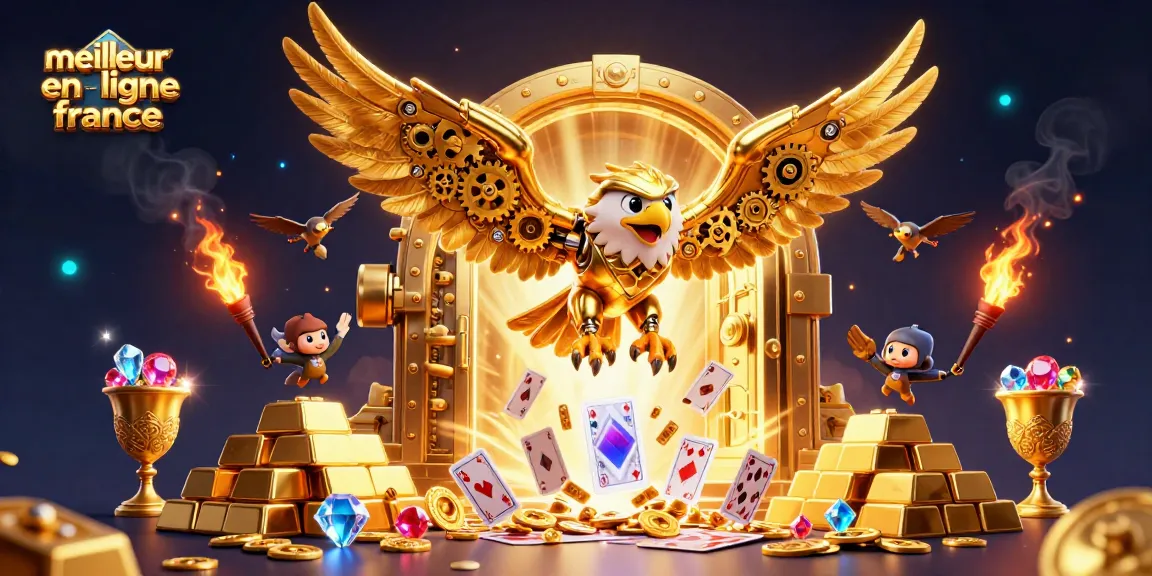 Plongez dans l'univers du meilleur casino en ligne France avec un aigle cybernétique et des cartes de jeu scintillantes.