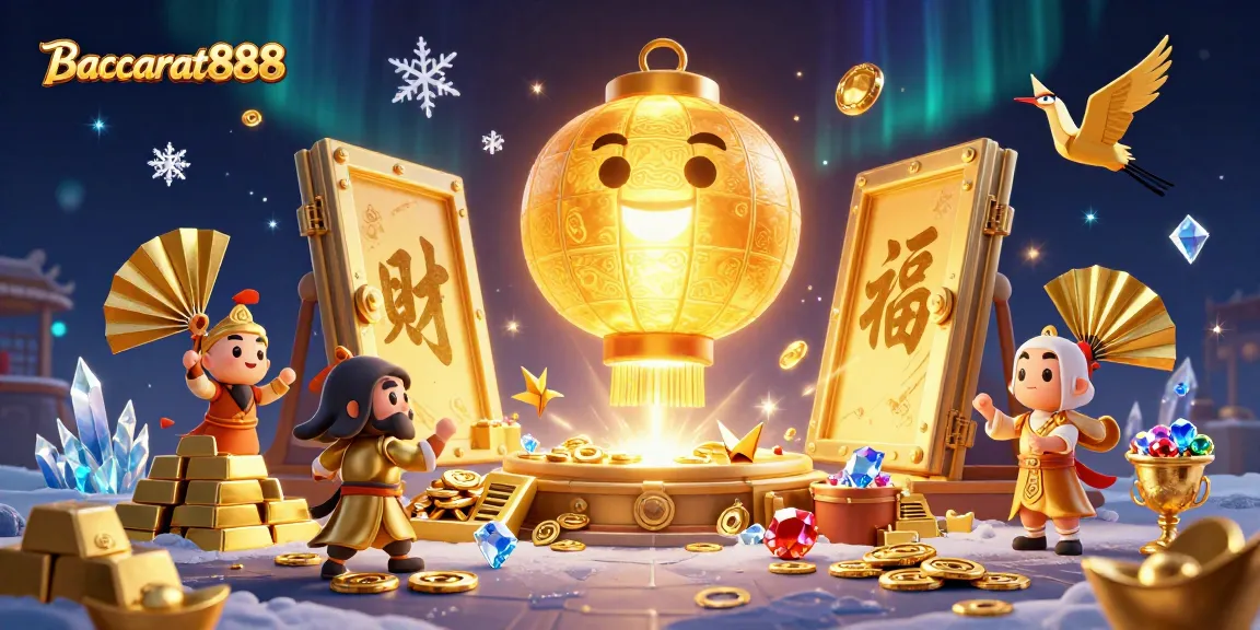 Baccarat888 players winning with golden lantern spirit and treasures in vibrant casino scene