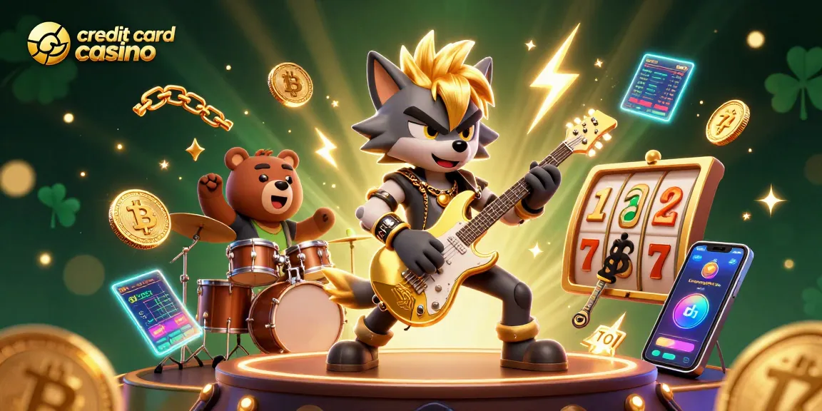 Engage in a vibrant credit card casino scene with a rock star wolf and high-energy elements.