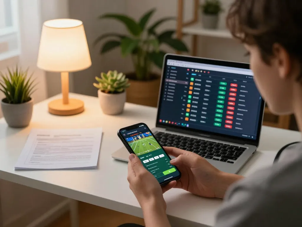 Engaging with keonhacai 5 sports betting app in a cozy home setup.