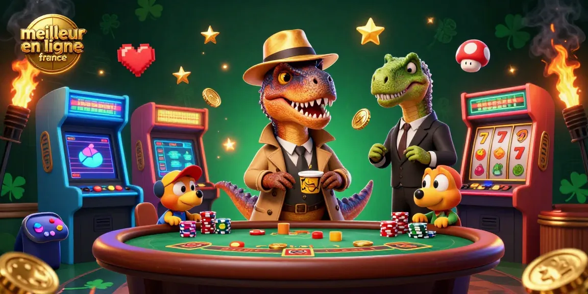 Illustration dynamique représentant le meilleur casino en ligne France, mettant en scène un vélociraptor aux cartes au blackjack.