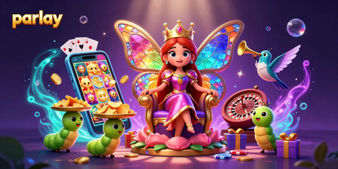 Engaging parlay betting scene with a butterfly queen amid chip-bearing caterpillars, showcasing a colorful gambling experience.