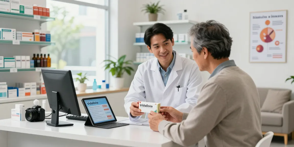 Vidalista consultation in a modern pharmacy with a pharmacist assisting a customer.