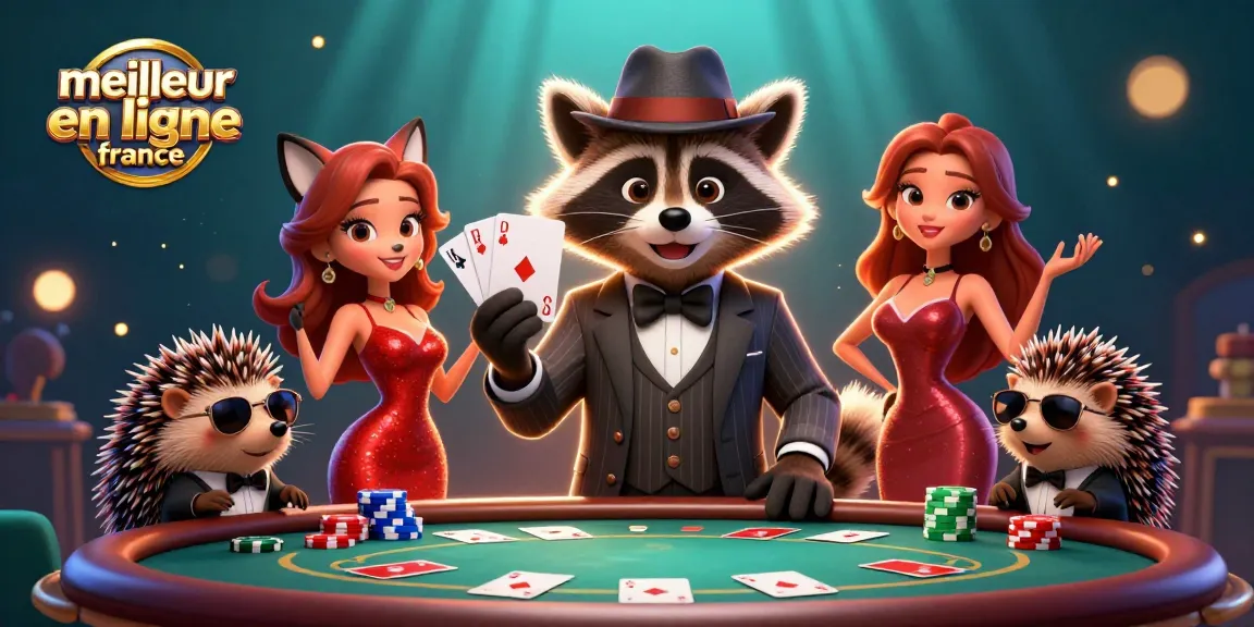 Illustration de personnages animés en 3D au meilleur casino en ligne France, jouant au poker et entourés d'éléments de casino.