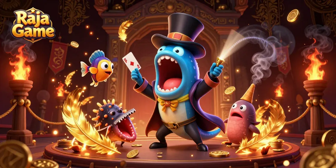 Engage with Raja Game as a bioluminescent gulper eel performs magic tricks surrounded by casino elements.