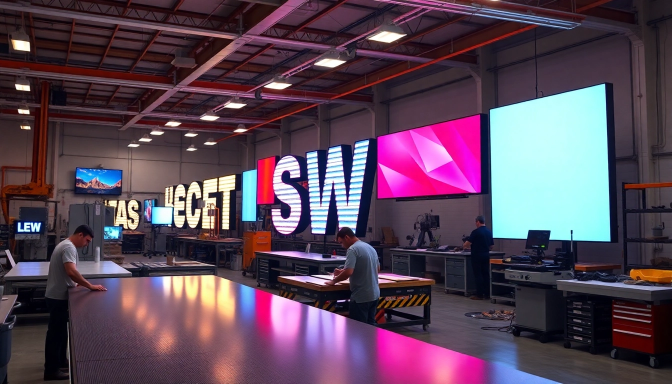 Visual representation of sign manufacturing with professionals creating custom signs in a vibrant workshop.