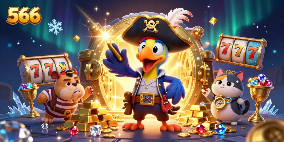 Engage with 566's dazzling slot games featuring 3D cartoon characters and vibrant treasures in a dynamic casino atmosphere.