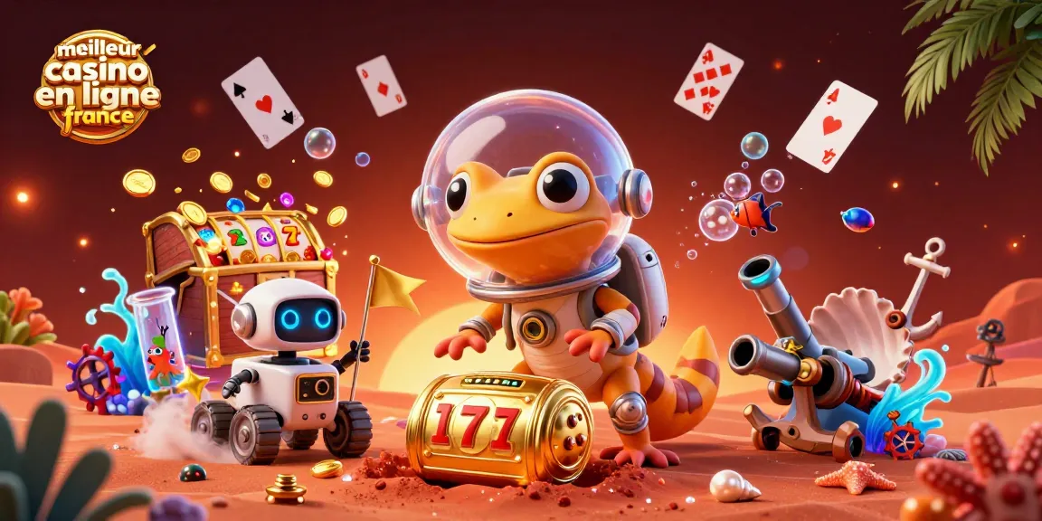 Image captivante du meilleur casino en ligne France avec un gecko martien et des éléments de jeu animés.