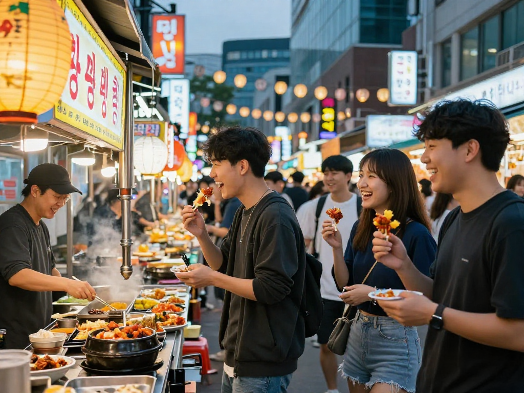 강남 달토에서 즐기는 길거리 음식과 젊은이들의 활기찬 모습
