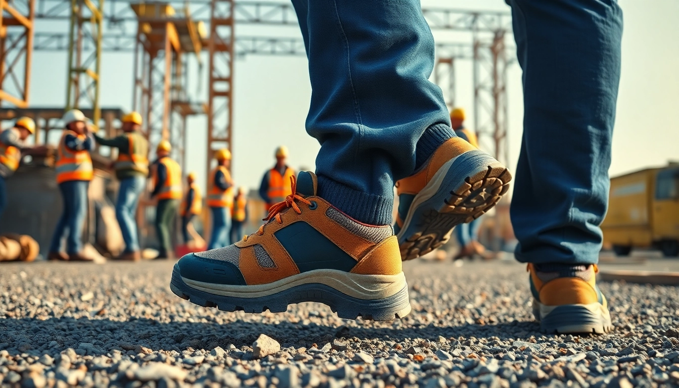 A worker confidently demonstrating the protective features of delta plus safety shoes at a construction site.