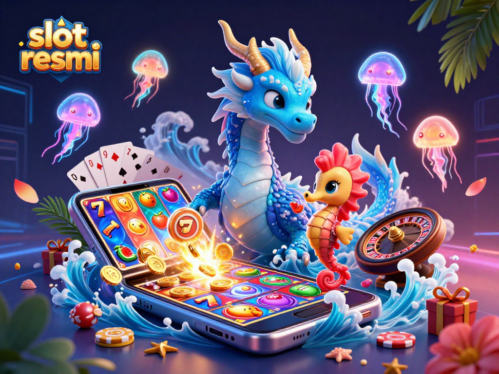 Experience thrilling gaming with slot resmi combined with an azure water dragon and vibrant 3D elements.