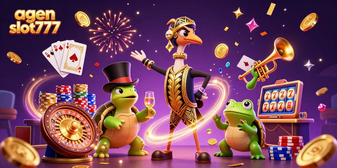 Explore agen slot777 with a vibrant 3D illustration showcasing a fun casino scene.