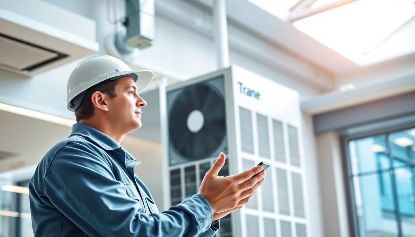 HVAC expert servicing Trane Canada equipment in a bright commercial space.
