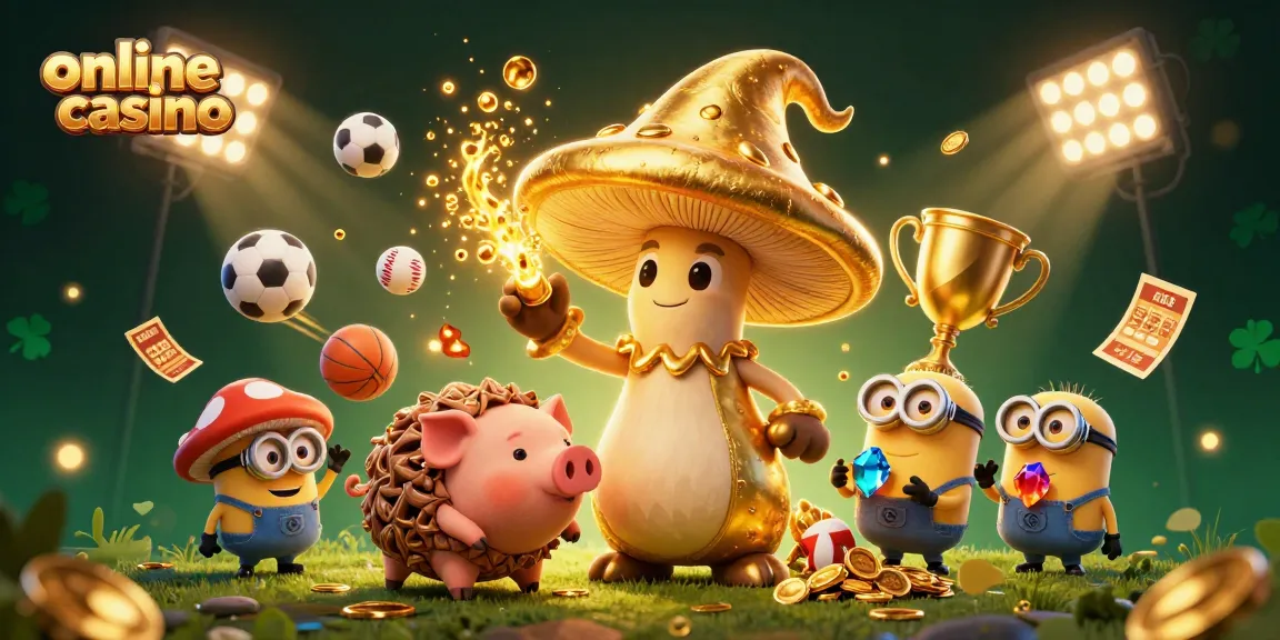 Engage with our vibrant online casino visuals showcasing a golden mushroom wizard and dynamic sports elements.