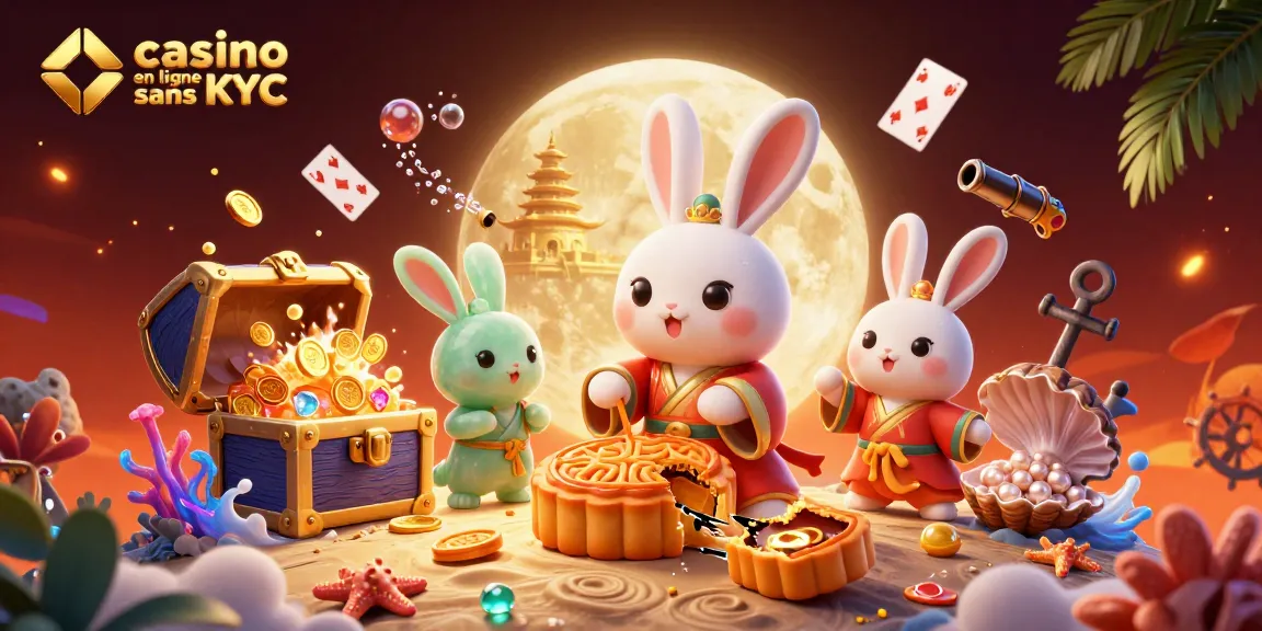 Une scène dynamique de casino en ligne sans KYC avec un lapin lunaire et des jetons de poker.
