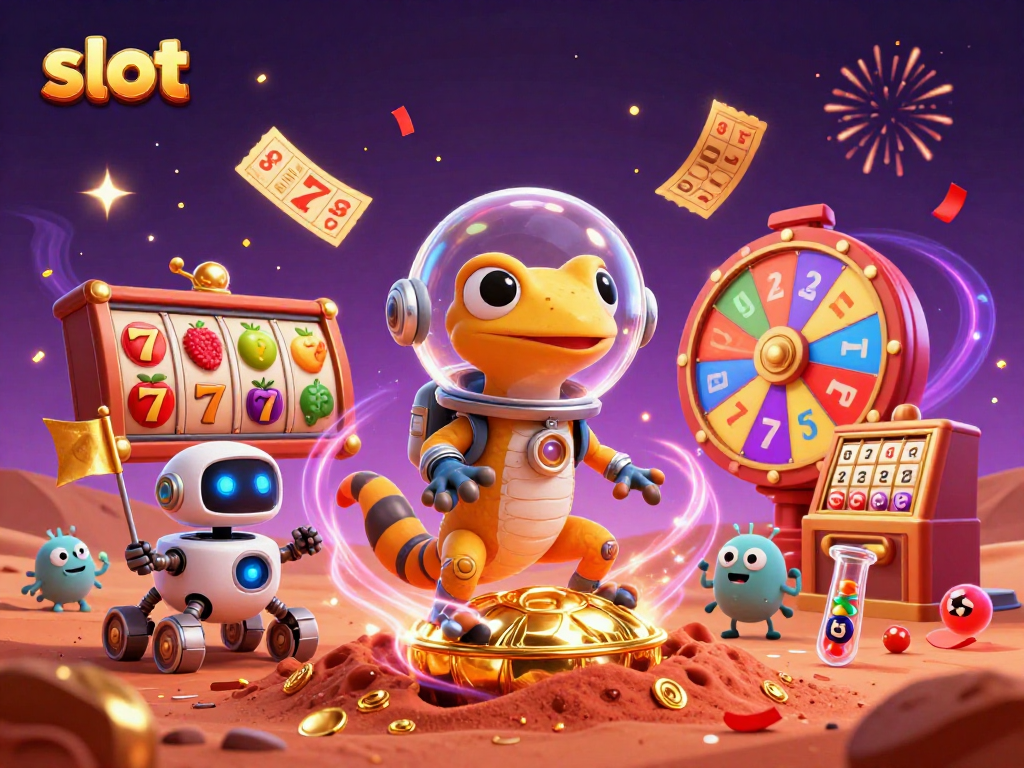 Engage with exciting slot action as a Martian gecko explores a golden casino on Mars in this vibrant 3D illustration.