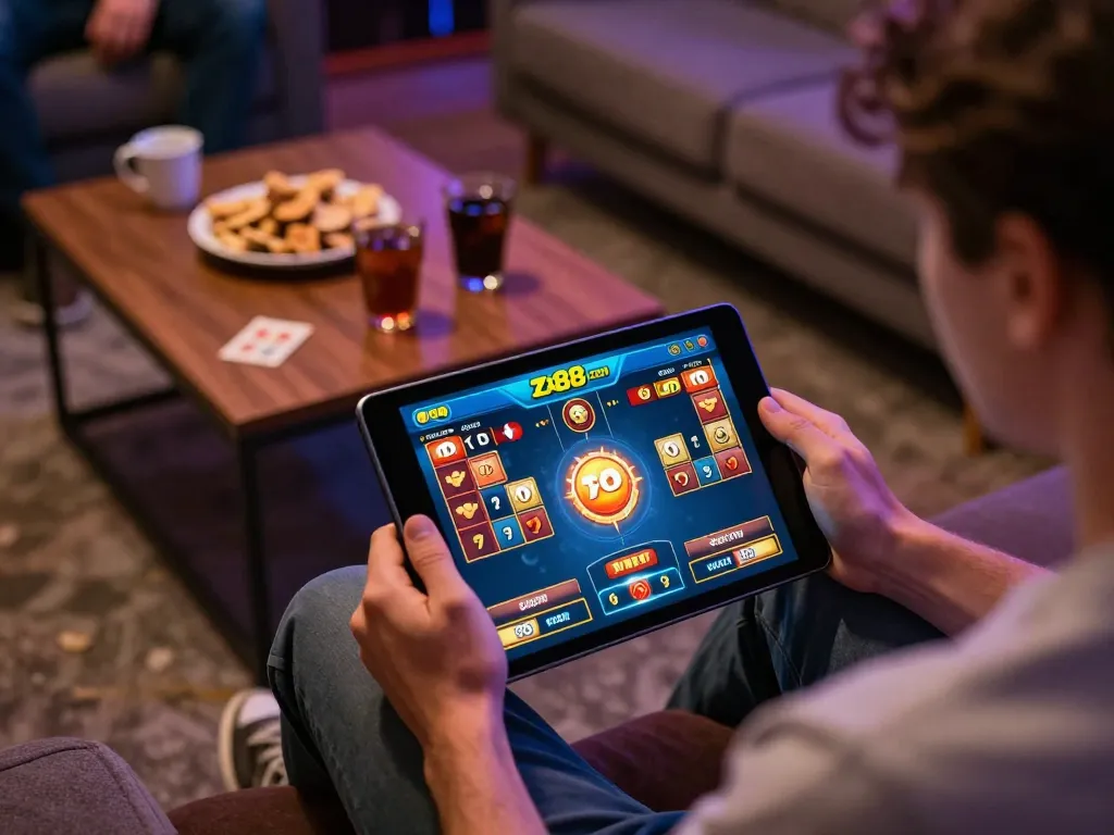 Player enjoying the zx88 com app on tablet during an online casino session with exciting game graphics.