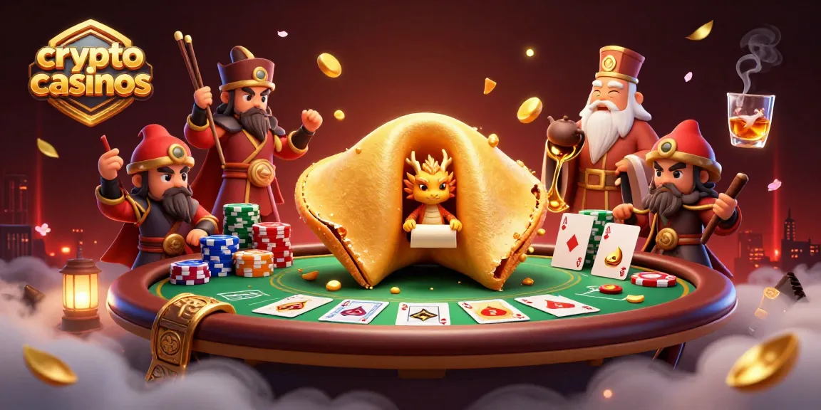 Profitez des crypto casinos avec une illustration dynamique et colorée des jeux de cartes et l'astrologie.