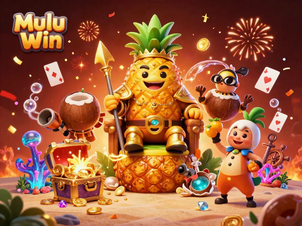 Mulu Win's dynamic 3D cartoon scene showcases the golden pineapple king and tropical allies in a vibrant casino environment.