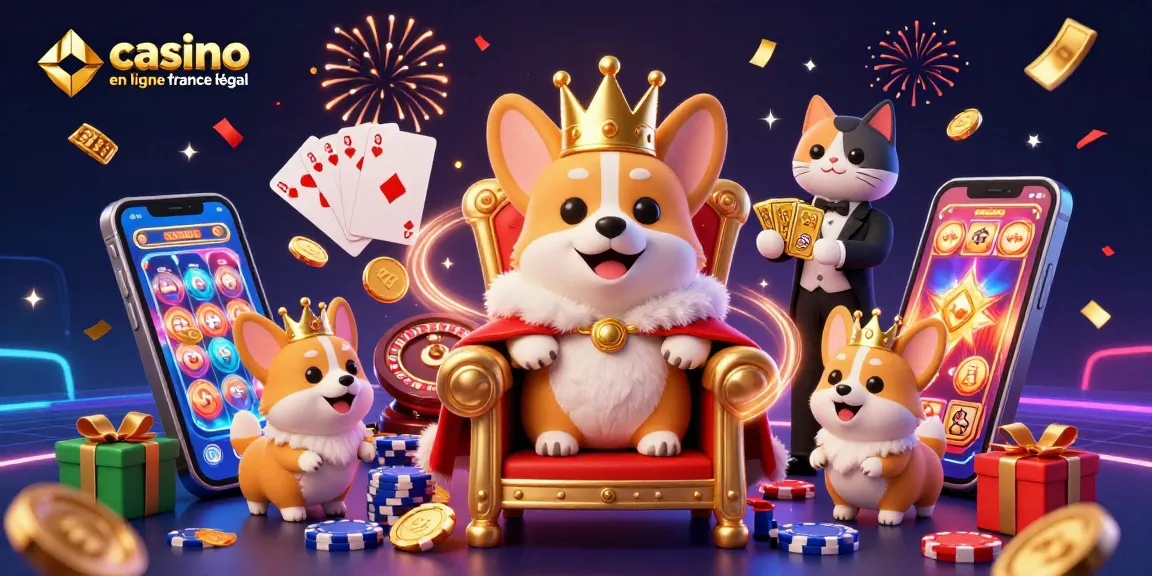 Plongez dans l'univers du casino en ligne France légal avec un corgi royal entouré de jeux et de symboles festifs.