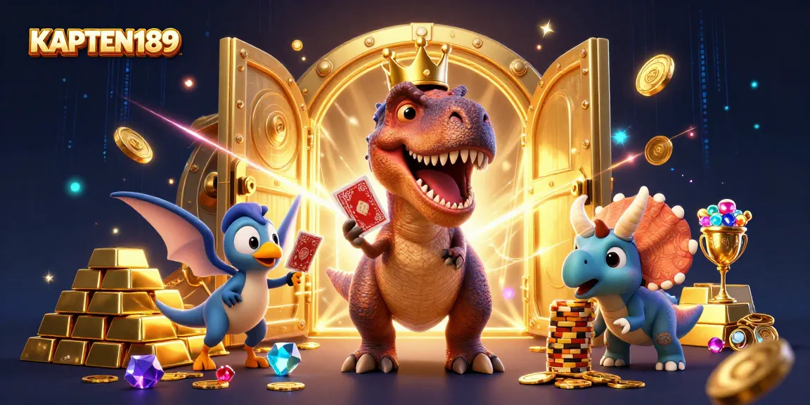KAPTEN189 menampilkan ilustrasi 3D kartun dengan dinosaurus yang bermain kartu dan menyusun chip emas dalam suasana kasino yang penuh kemewahan.