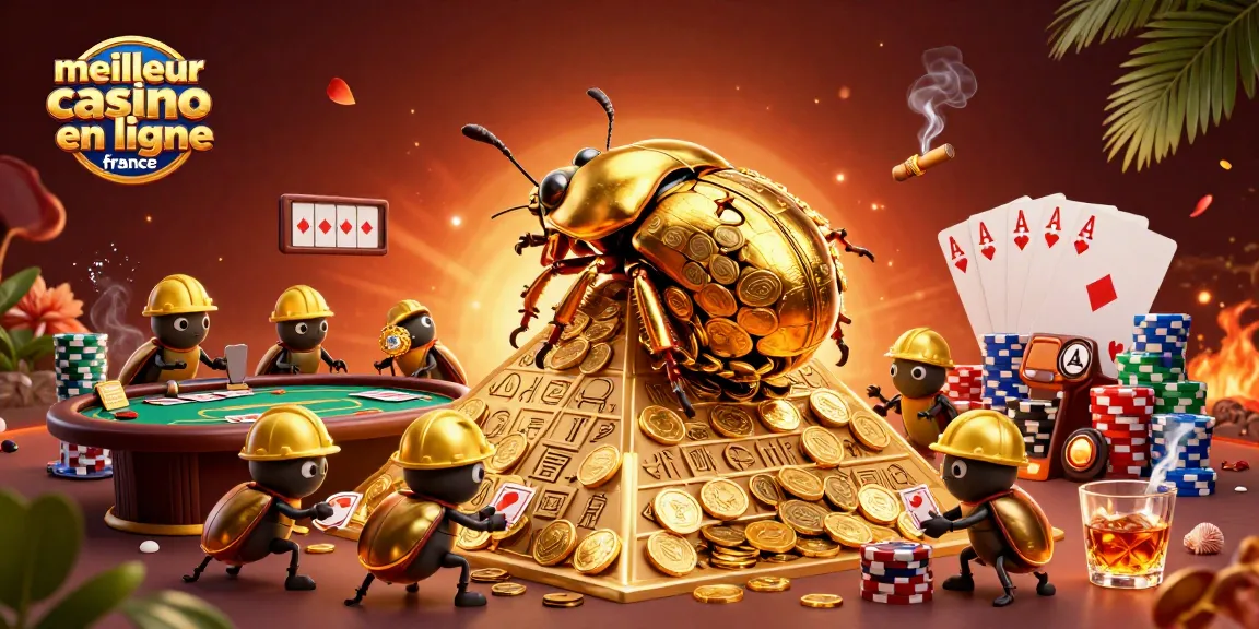 Une illustration dynamique indiquant le meilleur casino en ligne France avec un scarabée doré et des éléments de poker.