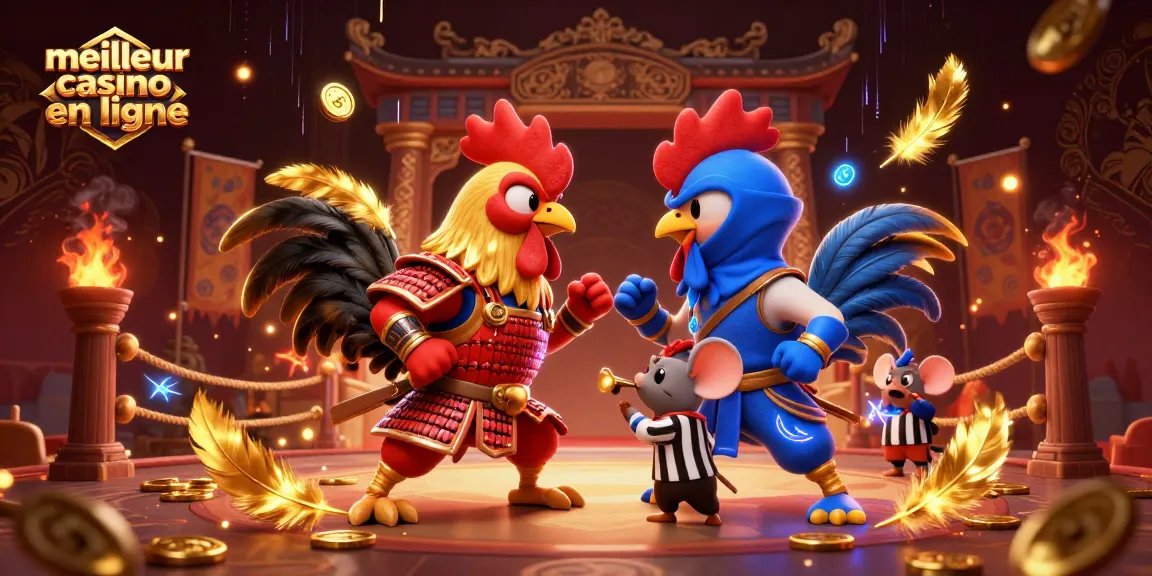 Découvrez le meilleur casino en ligne en 2026 avec une illustration dynamique de coqs combattants en plein affrontement.