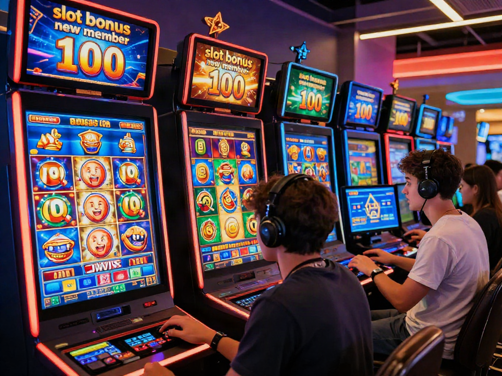 Exciting scene with players enjoying a slot bonus new member 100 promotion on various devices, capturing the thrill of online gambling.