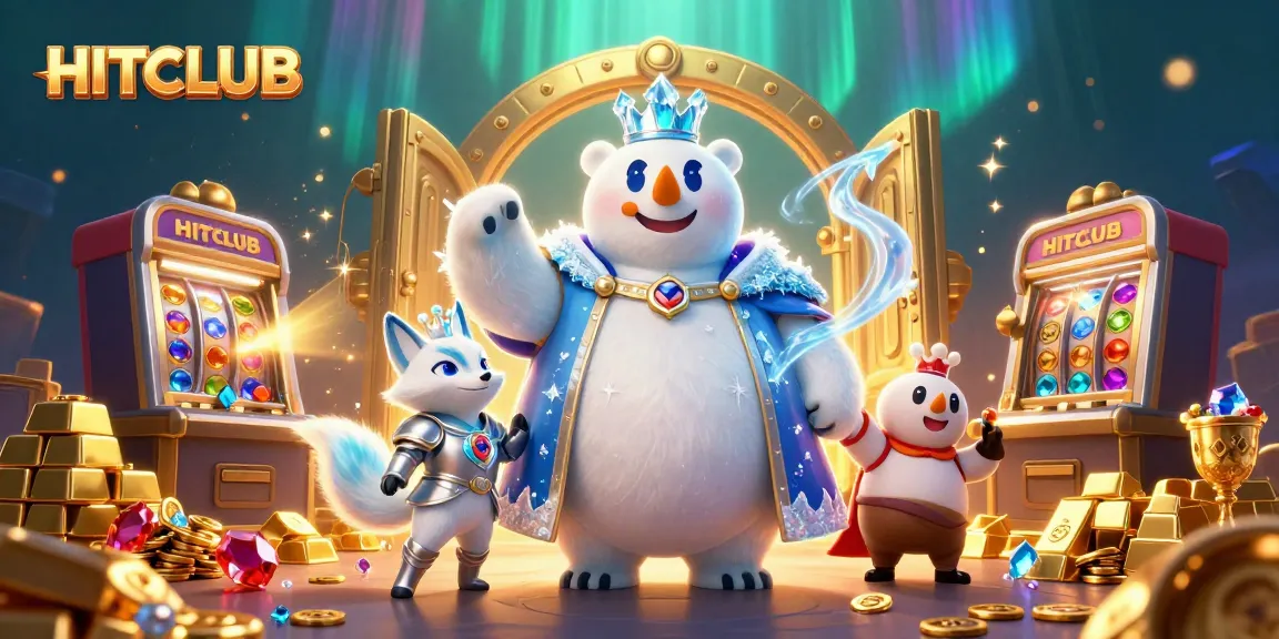Play games and win big at HITCLUB with exciting slots and dazzling treasures in this vibrant illustration.