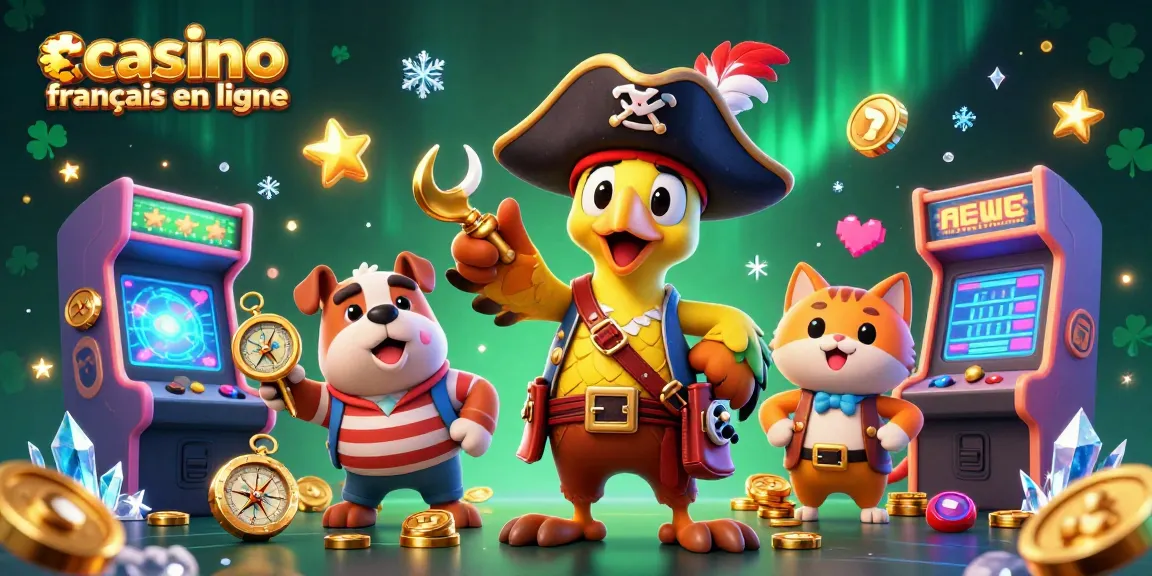 Illustration colorée de casino français en ligne avec un pirate et ses compagnons au milieu d'éléments de jeux d'arcade.