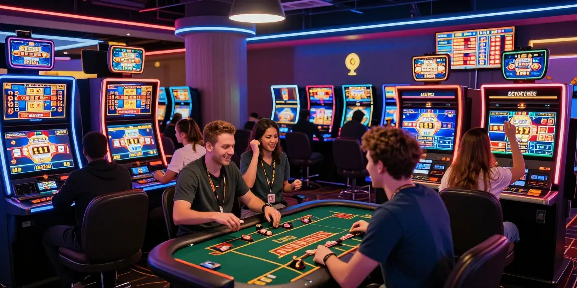 Exciting non UK casinos scene with diverse players at vibrant gaming tables celebrating wins.
