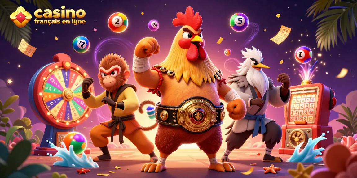 Jouer au casino français en ligne avec une illustration dynamique de personnages de combat et des éléments de loterie.