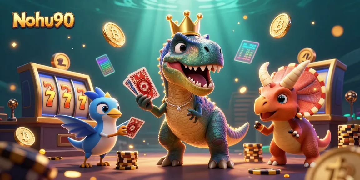 Nohu90 jackpot scene with a cartoon T-Rex shuffling cards and a baby triceratops stacking golden chips.
