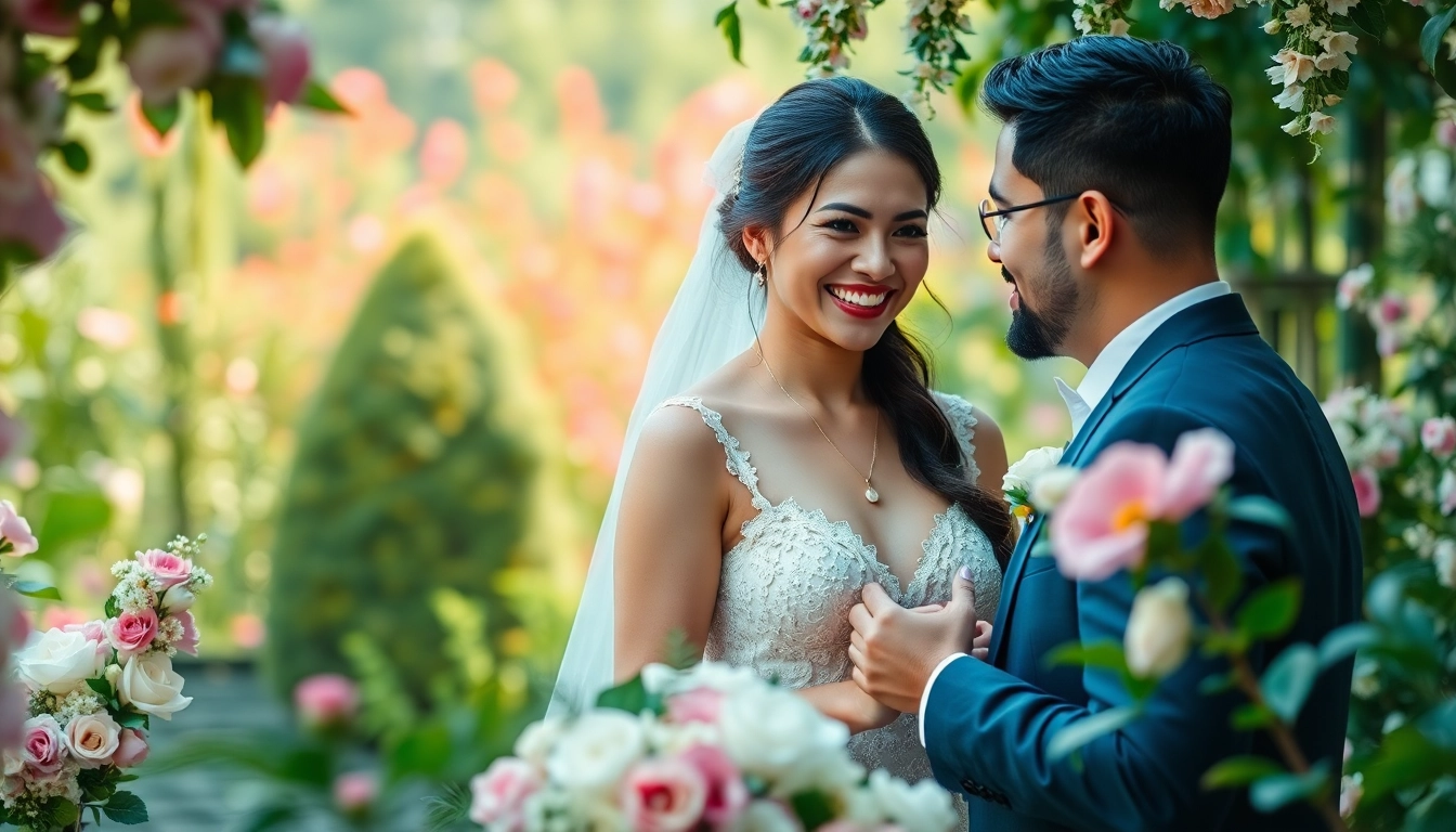 Beautiful wedding photography capturing a couple's tender vow exchange in a stunning garden backdrop.