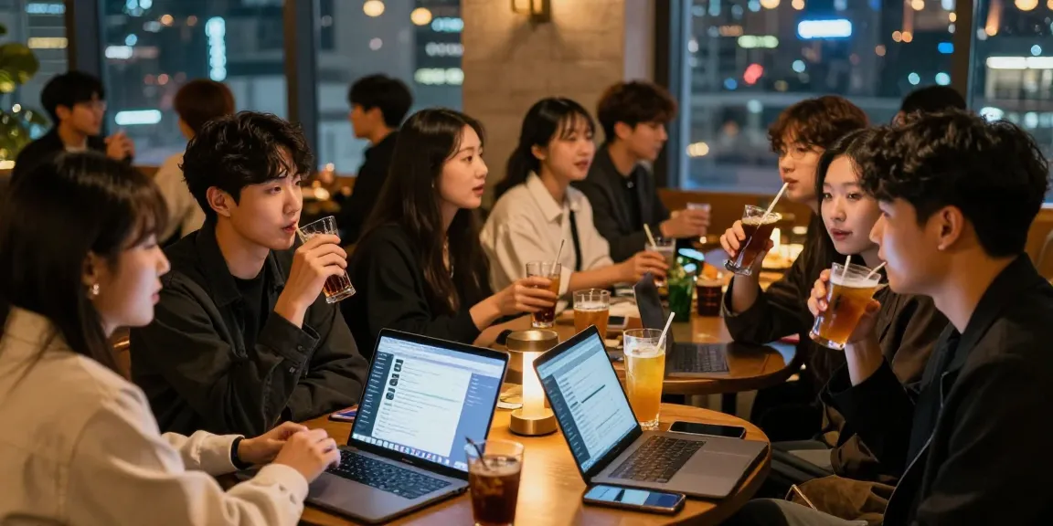 하루이야기의 활기찬 강남 알바 커뮤니티에서 젊은 사람들이 소통하는 장면