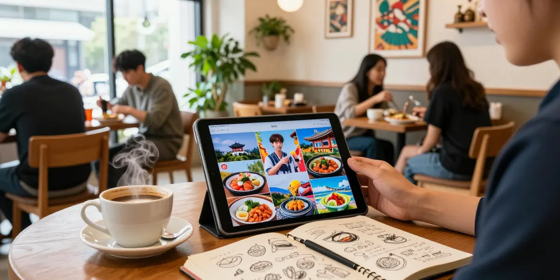Engaging scene at https://hanadultalk.com, showcasing vibrant Asian culture through a reader in a cozy café, surrounded by decor and delicious dishes.