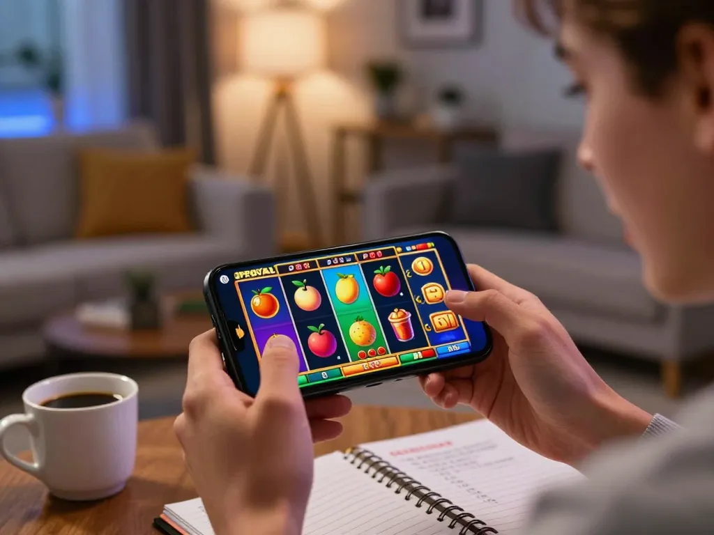 Player enjoying jproyal slot game on smartphone in a cozy living room, with vibrant reels spinning.