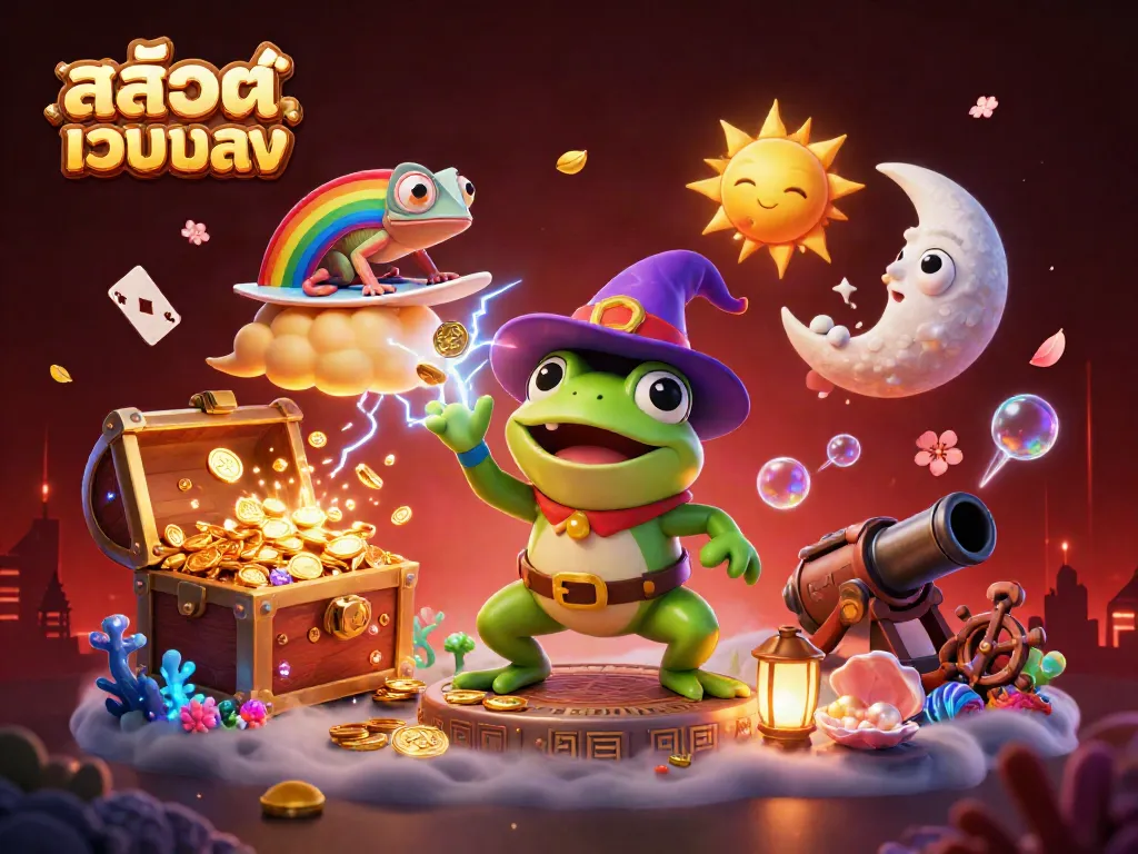 Experience thrilling gameplay with สล็อตเว็บตรง featuring a wizard frog conjuring golden coins and vibrant casino elements.