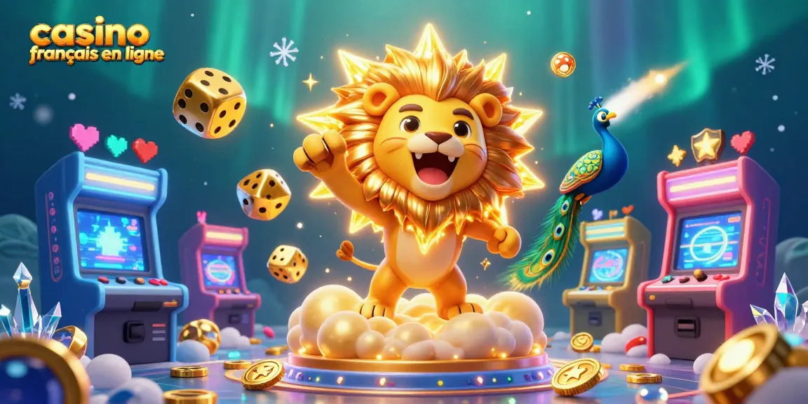 Casino français en ligne : Lion radieux et dés dorés entourés de jeux d'arcade colorés