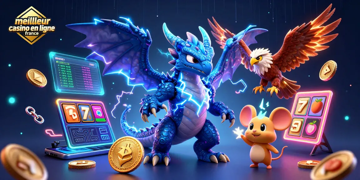 Visualisez le meilleur casino en ligne France avec une illustration dynamique de personnages de jeu imprégnés d'énergie électrique.