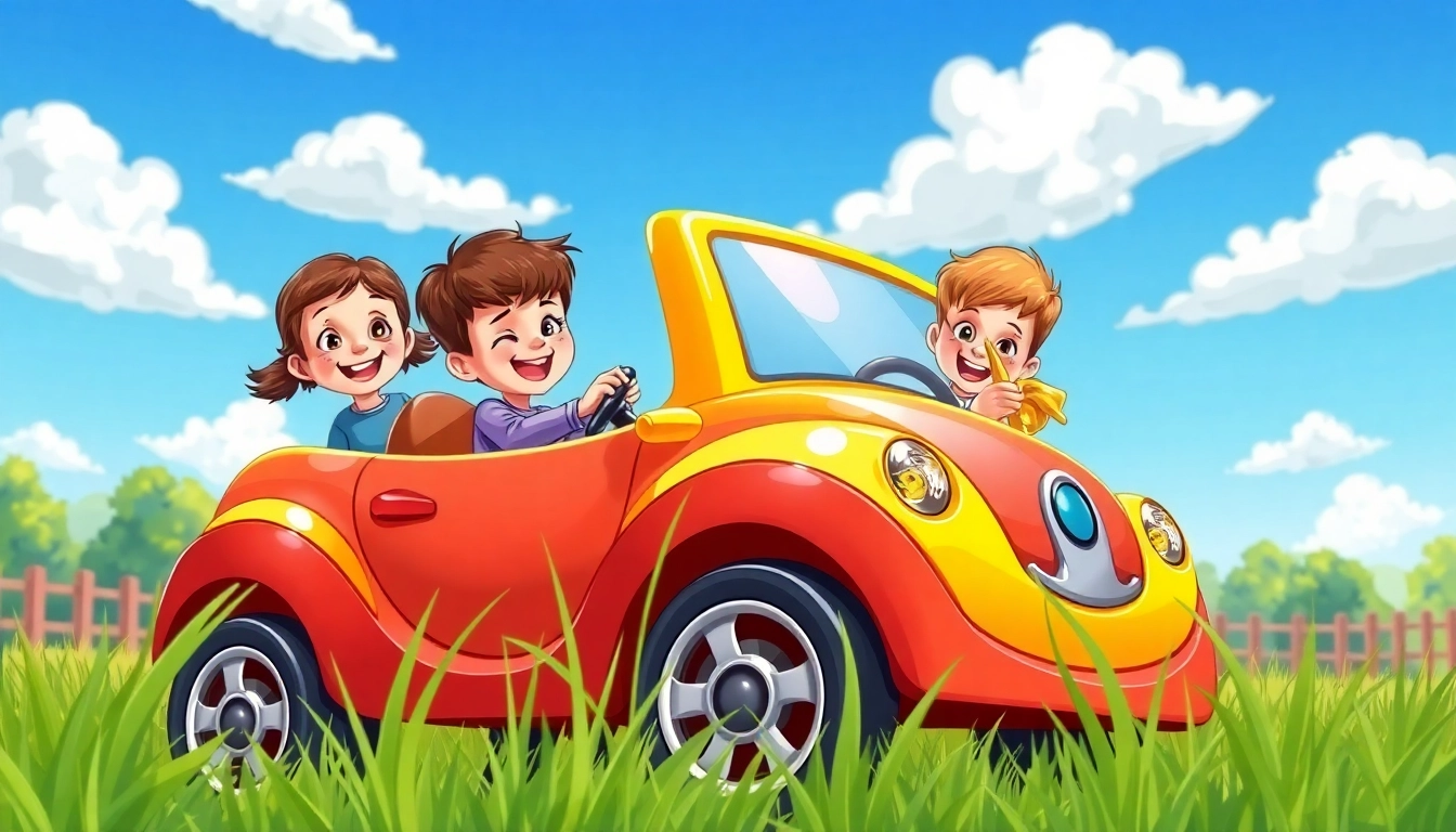 Children enjoying a ride on car in a lively playground setting.