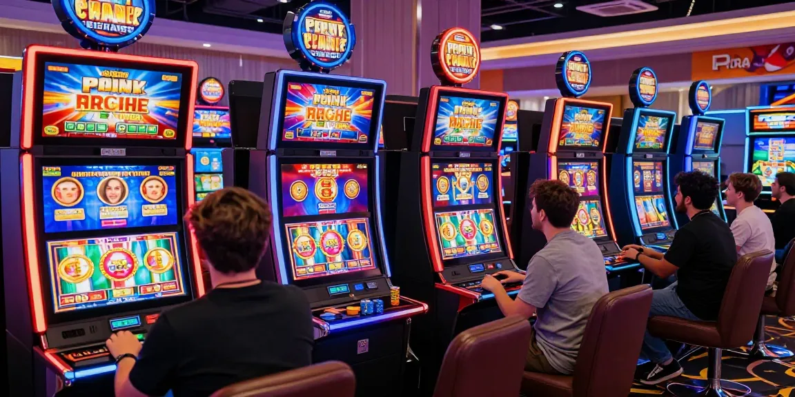 Players at casinos that accept credit cards, engaging with slot machines in a lively online casino atmosphere.