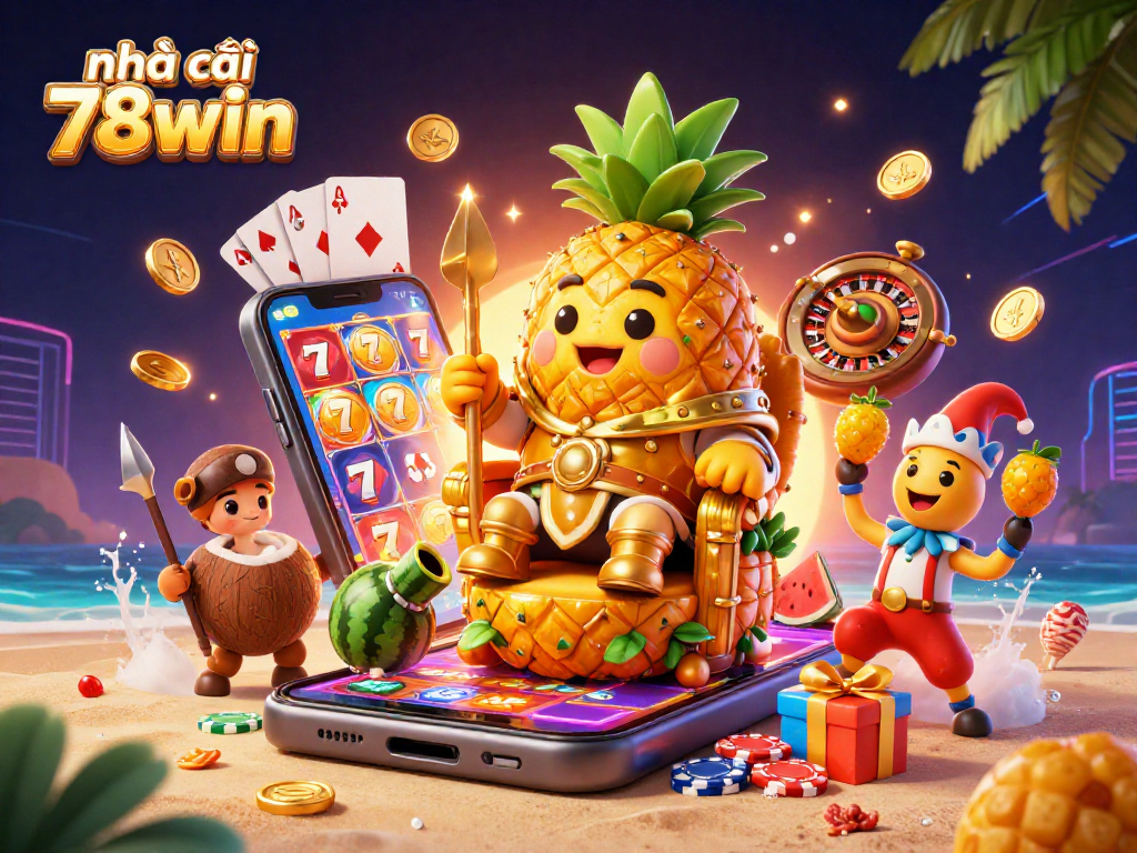 Play vibrant slots action at nhà cái 78win with a cartoon pineapple king and fruity fun.