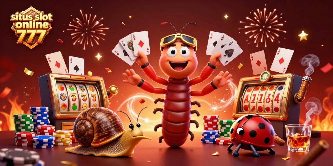 Menggambarkan situs slot online 777, dealer milipede 3D beraksi dengan kartu, simbol keberuntungan, dan suasana kasino yang meriah.