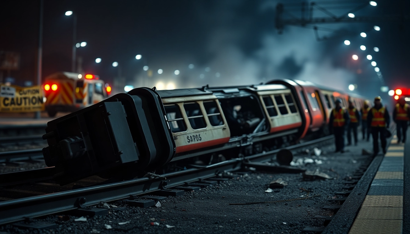 spain train crash scene with wreckage and emergency workers responding