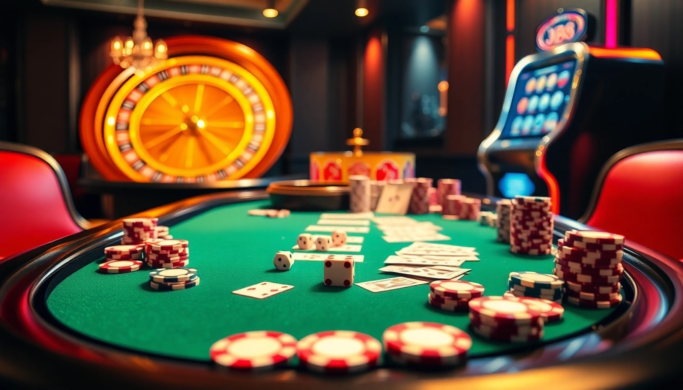 Experience thrilling poker action at the J88 casino table filled with vibrant chips and cards.