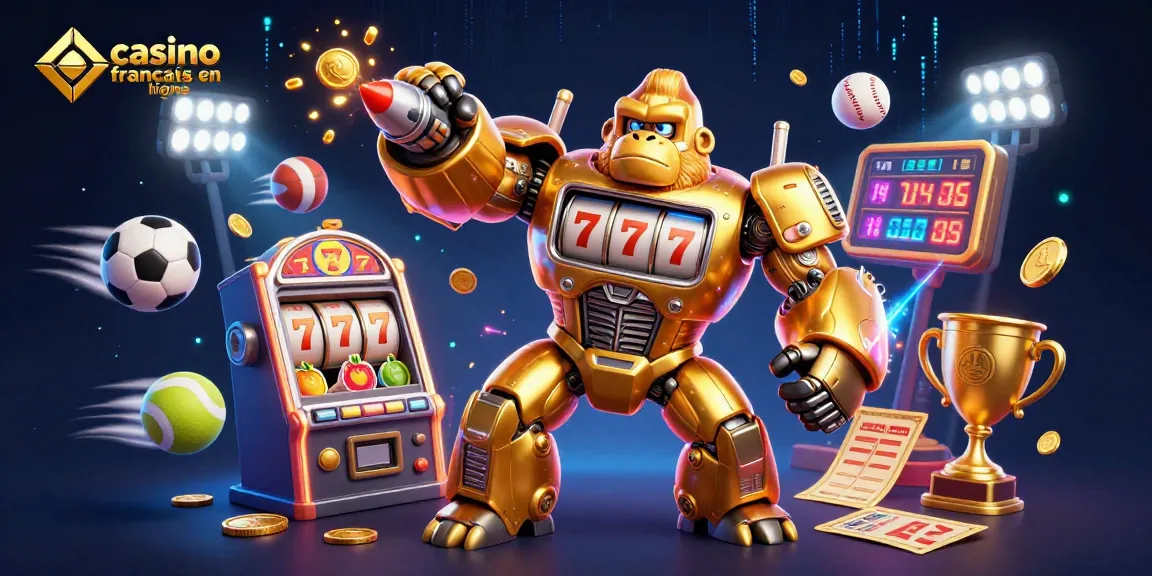 Illustration vibrante d'un casino français en ligne avec un gorille mécano et des éléments de jeux