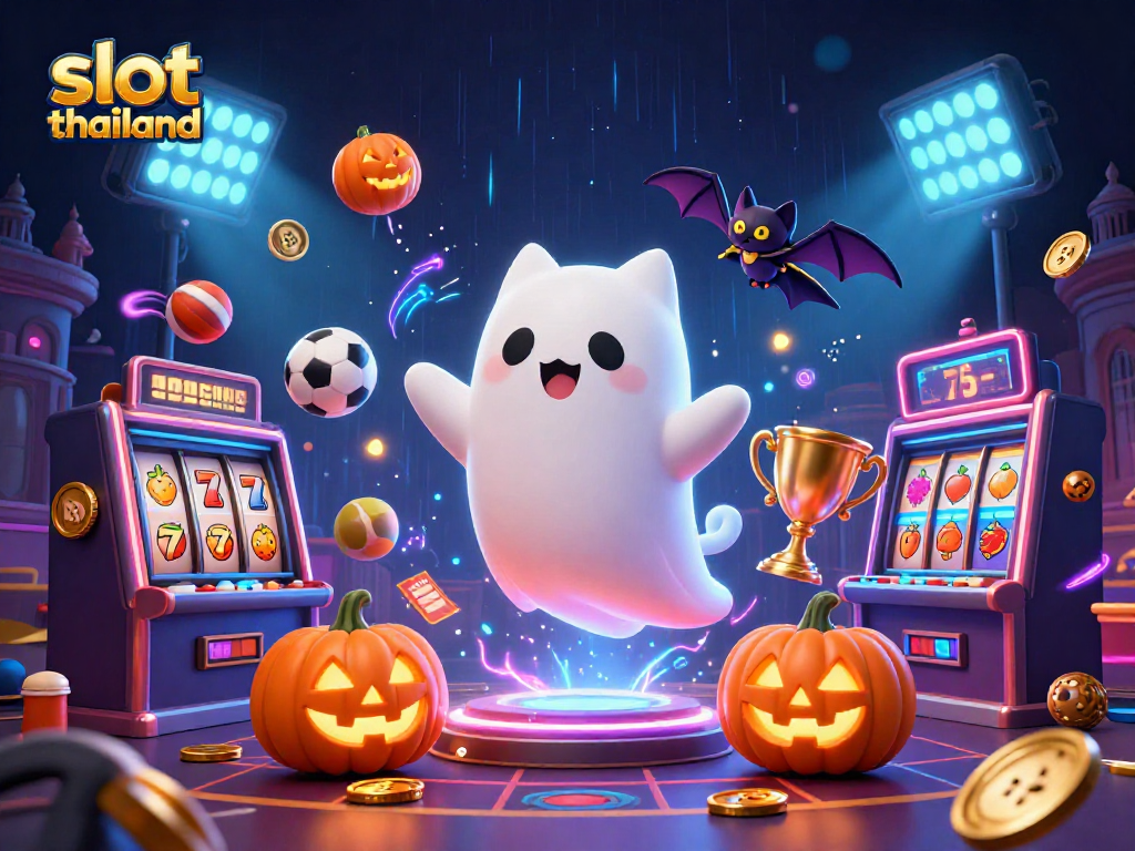 Experience vibrant slot thailand excitement with friendly ghost cat and bat in a haunted casino.